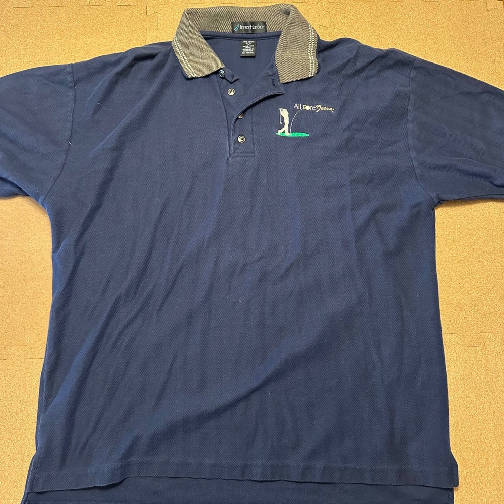 Inner Harbor Polo Shirt Mens XL Navy Blue All Fore Jesus Golf Herringbone Cotton